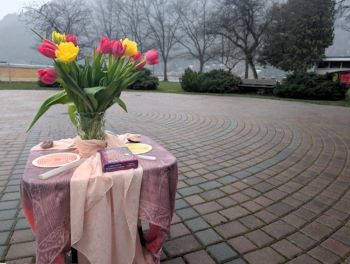 An outdoor altar with pink and yellow flowers 