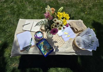 Photograph of a table set outdoors on grass, displaying a variety of items including notebooks, a vase with colorful flowers, a box of cards, and a fan of paper sheets. The arrangement suggests a creative or planning activity, with natural sunlight casting shadows and highlighting the vibrant colors of the flowers and objects. 