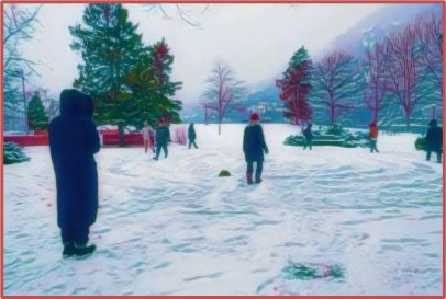 People walking a labyrinth in the snow