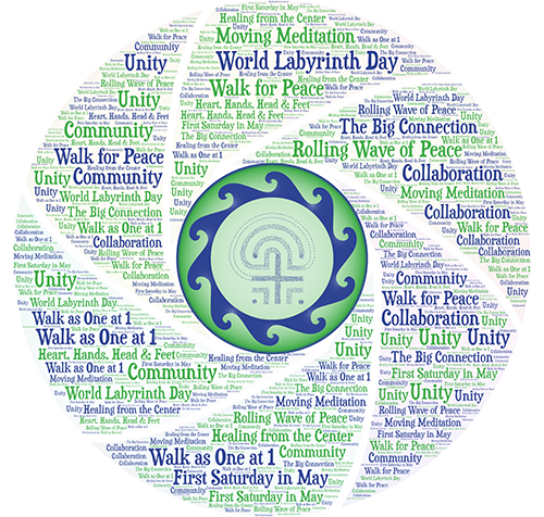 A green and blue circle with words